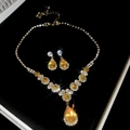 Luxury jewelry set with amber teardrop pendants and sparkling crystals in a black box - Necklace-Silver-Yellow