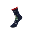 Detail of navy blue Christmas sock with red cuff, knitted snowflake and tree patterns - Navy Christmas Tree