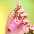 Pink milk tea keychain with donut ears and blue straw on silver metal chain - Metal Chain Style / Pink (Chain Style, No Package)