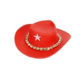 Miniature red plastic cowboy doll hat with green rhinestones and pink star ornament - Red Cowboy Hat With Cyan Rhinestone Chain