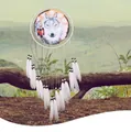 Ethnic dreamcatcher wall hanging featuring a realistic wolf head print and white feathers - Realistic Wolf Head (MS6832)