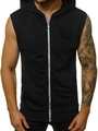 Close-up of a men's black sleeveless hoodie featuring a full zipper and pocket details - M / Tops / Black