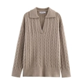 Classic beige cable knit polo sweater with a V-neck and ribbed cuffs for a stylish look - S / Khaki