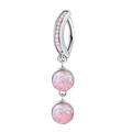 Silver curved barbell belly ring featuring dual round pink faux opal drop stones - Double Opal Style (Silver Pink)