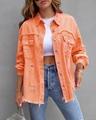 Detail of bright orange distressed denim jacket featuring frayed edges and metal buttons - 2XL / Orange