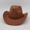 Detail of a brown wool felt cowboy hat featuring a thin leather band and metal buckle strap - One Size / Khaki (With Brown Belt)
