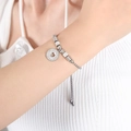 Silver geometric heart pendant bracelet with pavé cubic zirconia and adjustable slide clasp - Circle Heart Cutout / Steel