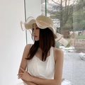Elegant khaki straw sun hat with large brim, white mesh trim and pearl accents - Lotus Pearl Beige