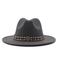 Detail of dark grey fedora hat with brown leather band and silver metal studs - Dark Gray