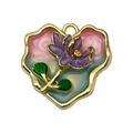 French Monet style heart-shaped enamel floral pendant with purple flowers and gold trim - Pink-Blue Gold-Sprinkled Heart Flower-24431