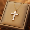 Golden cross necklace with square zirconia stones on a premium jewelry gift box - 74#XL2159-2