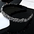 Baroque black pleated headband with sparkling silver crystals on reflective surface - Crystal Grey + Grey Rhinestone