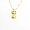 Polished gold beaded necklace featuring a cute cat pendant with green gem eyes - Green Eye Cat