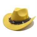 Detail of yellow wool western cowboy hat featuring bohemian beaded band and silver coin - M (56-58cm) / Yellow