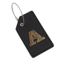 Black leather luggage tag with gold letter A and steel wire ring on white background - Letter A