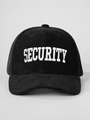Detailansicht der weißen SECURITY Stickerei auf der schwarzen Cord-Baseballkappe - Schwarz
