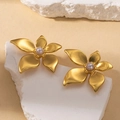 Elegant gold flower pearl stud earrings in titanium steel set on a white stone background - Gold Big Flower Pearl (E0740)
