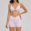 Pink brushed yoga set with thin-strap bra and cross-waist high-waist shorts - S / Sakura Pink