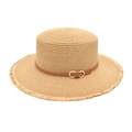 Chapeau de paille à sommet plat avec ruban en cuir marron et boucle dorée de plage - M (56-58cm) / Kaki