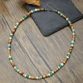 Mens coconut shell beaded necklace with green aventurine beads on a rustic wooden base - Brown Wood Green/White (ZJ12988)