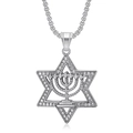 Silver Star of David pendant necklace with Menorah and cubic zirconia on box chain - Steel Color (Pendant Only)