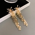 Elegant champagne and olive green beaded tassel drop earrings with sparkling starburst studs - Clustered Tassel (5 Silver Earring Posts - Gold)