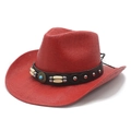 Red straw cowboy hat with turquoise beads and metallic studs on a brown leather band - M (56-58cm) / Red