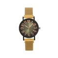 Dettaglio quadrante sfumato verde con numeri oro rosa su orologio donna in maglia - Oro