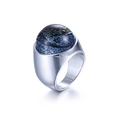 Polished stainless steel ring with dark blue galaxy pattern glass cabochon - Deep Sea Blue (KR88912S-K)