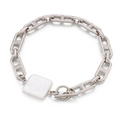 Silver stainless steel OT clasp chain bracelet with square white resin pendant inlay - Mother-of-pearl Luster Square Style (KB155776-Z)