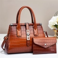Brown crocodile embossed tote bag and matching clutch purse with metallic buckle - L28xW14xH20cm / Brown