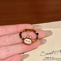 Tiger eye beaded ring featuring a stylized white rabbit charm with golden accents - Gold Trendy Rabbit Charm Beaded Ring