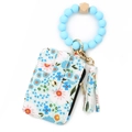 Light blue floral print PU leather card holder with silicone bead wristlet and tassel - Light Blue