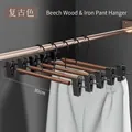 30cm retro wood pants hanger with black metal clips and beech wood frame in dark brown - Iron Beech Wood Pants Rack With Clips / Antique Silver