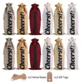 12-piece wine bottle gift bags set with Cheers prints, drawstring burlap and kraft tags - 6 Colors Bags/24 Clips/10m Jute Rope