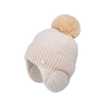 Berretto invernale in maglia bianco crema con grande pompon in ecopelliccia marrone - Beige