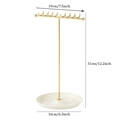 Golden T-bar jewelry stand with 16 hooks and ceramic tray base for necklace storage - Double Row 16 Hooks / White Tray Base Gold