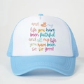 Sky blue and white trucker hat with mesh back and rainbow motivational print - Sky Blue