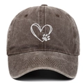 Vintage washed cotton baseball cap featuring embroidered heart and pet paw design - Adjustable / Coffee