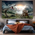 Dettaglio arazzo con dinosauri che mostra Tirannosauro e Triceratopo in una camera - 150x130cm / Stile KL002