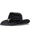 Cappello jazz in paglia traforata da uomo con fascia etnica e decoro a testa di toro - M(56-58cm) / Nero