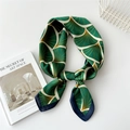 Green silk square scarf with vintage gold fan pattern and navy blue borders - 70cm / Blue Edge Green Base Fan