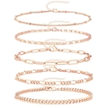 Five-piece rose gold layered chain bracelet set with lobster clasp and butterfly charms - Rose Gold Set - Layered Metal Mix
