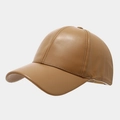 Detail view of brown PU leather baseball cap with visible stitching and curved brim - Adjustable / Khaki