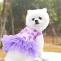Détail d'une robe de princesse violette pour chien portée par un petit Loulou de Poméranie - S (Poitrine 35cm 1.5-2.5kg) / Robe Fleur de Pêcher Violette