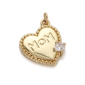 Close-up of gold plated heart pendant featuring MOM engraving and a sparkling zircon stone - Beaded Edge Engraved MOM Heart Pendant (YSN016-04)