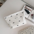 Dettaglio della borsa trucco in cotone grigio chiaro con fiocco nero e coulisse - Fiocchetto a Pois Neri