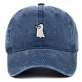 Vintage washed navy blue baseball cap featuring a white ghost embroidery on a plain background - Adjustable / Navy Blue