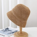 Women's handwoven straw bucket hat in natural khaki color with hollow weave pattern - 6cm Brim / Khaki