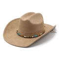 Vintage camel faux suede western cowboy hat with ethnic beaded band and wide curved brim - M (56-57cm) / Camel